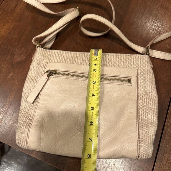 Fossil Leather Fabric Tan and Cream Crossbody Bag Zipped Pockets - Picture 4 of 16